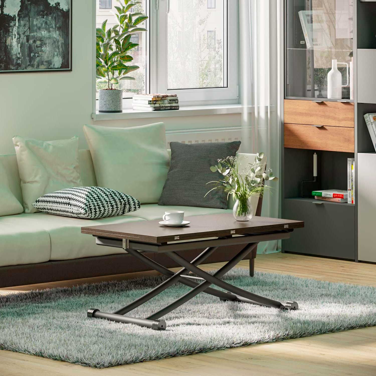 Mesa de centro elevable y extensible convertible a comedor