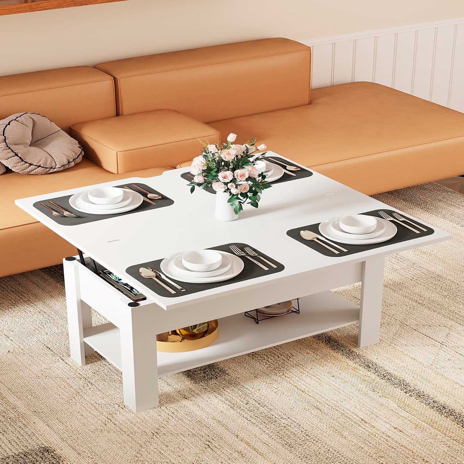 Mesa de centro elevable y extensible blanca
